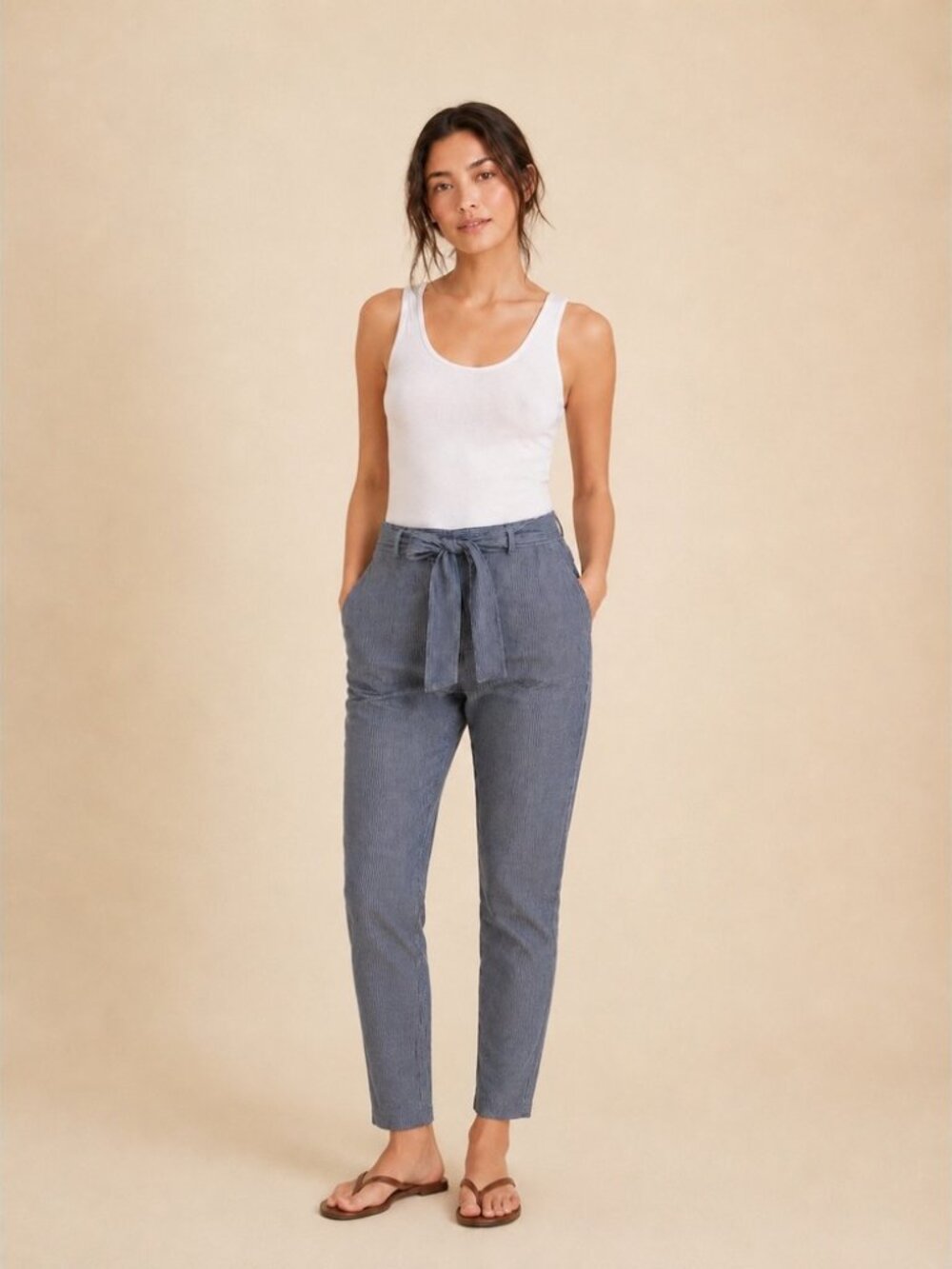Banana Republic Avery Petite 4 Blue & White Striped Tie Waist Ankle Pants